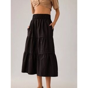 Anthropologie Somerset Black Tiered Maxi Skirt Medium Crisp Cotton Voluminous